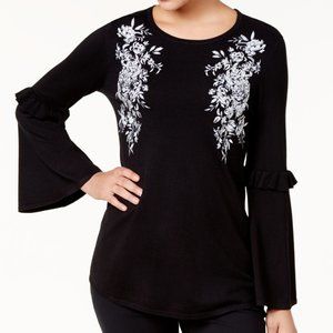 NWT Alfani Black Floral Print Embellished Bell Sleeve Sweater Size Large